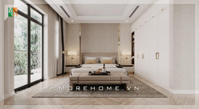 Không gian phòng ngủ trở nên thoáng đãng sáng sủa hơn nhờ lấy ánh sáng từ tự nhiên qua hệ thống cửa ban công bằng kính cường lực